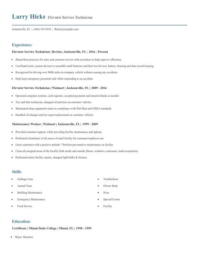 Elevator Service Technician Resume