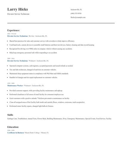 Elevator Service Technician Resume