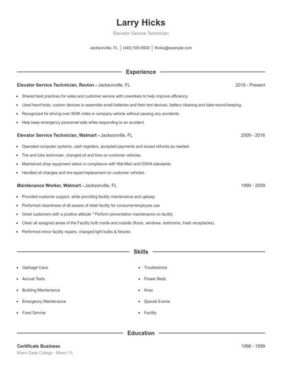 Elevator Service Technician Resume