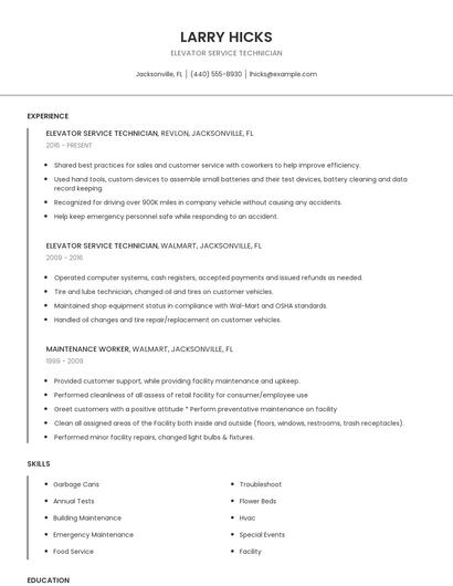 Elevator Service Technician Resume