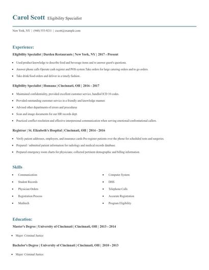 Eligibility Specialist Resume