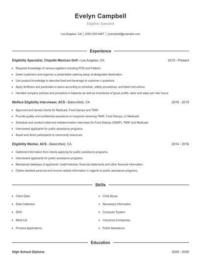 Eligibility Specialist Resume