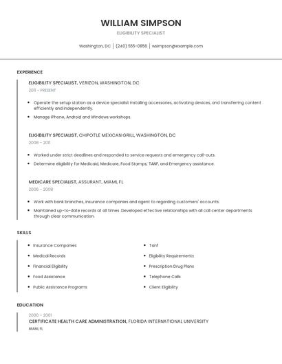 Eligibility Specialist Resume