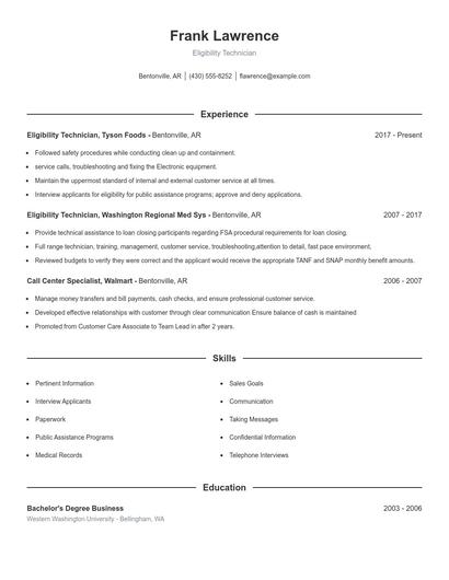 Eligibility Technician Resume