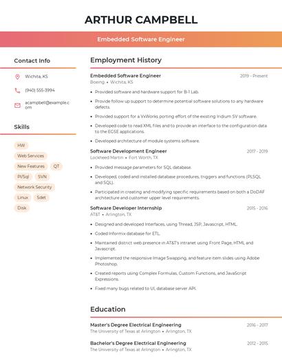 Embedded Software Engineer Resume