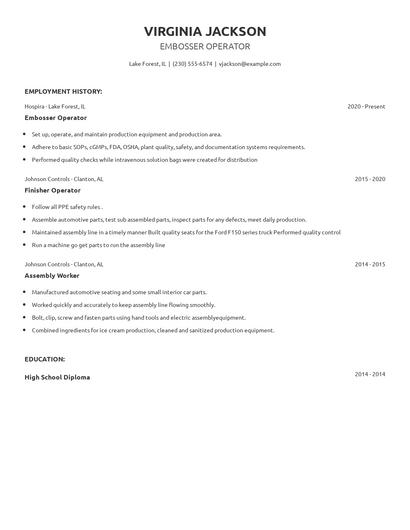 Embosser Operator Resume