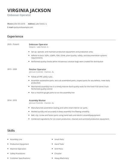 Embosser Operator Resume