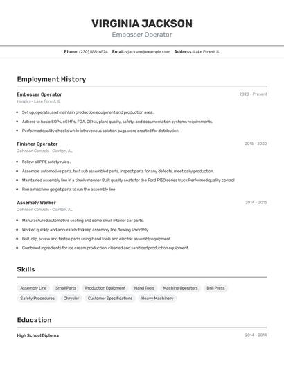 Embosser Operator Resume