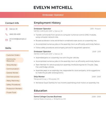 Embosser Operator Resume