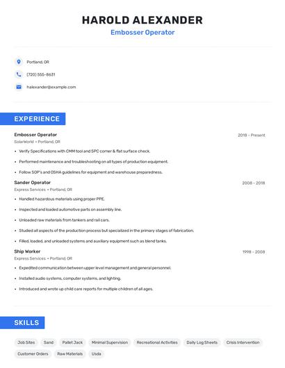 Embosser Operator Resume
