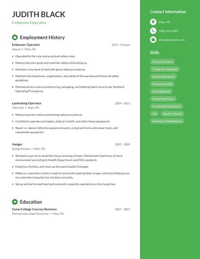 Embosser Operator Resume