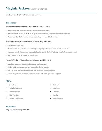 Embosser Operator Resume