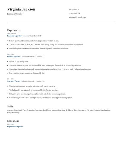 Embosser Operator Resume