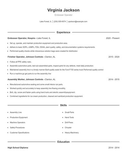 Embosser Operator Resume