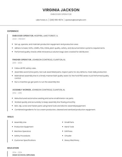 Embosser Operator Resume