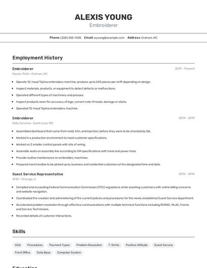 Embroiderer Resume