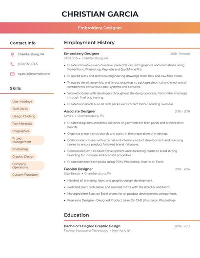 Embroidery Designer Resume