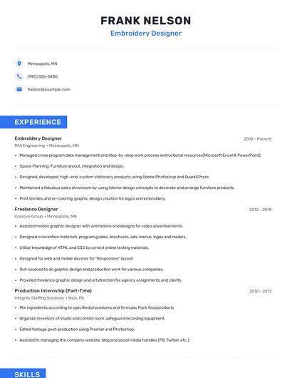 Embroidery Designer Resume