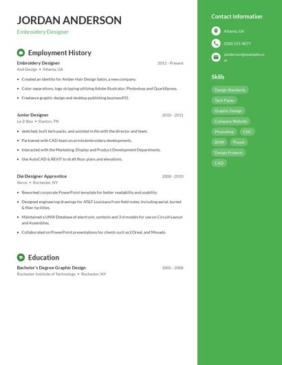 Embroidery Designer Resume