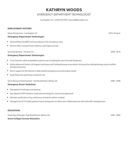 Emergency Department Technologist Resume