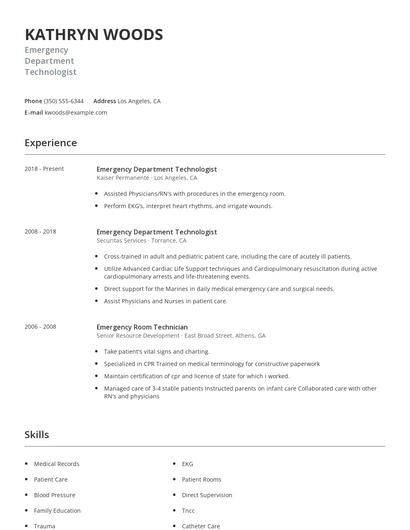 Emergency Department Technologist Resume