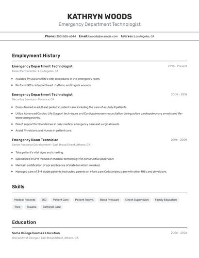 Emergency Department Technologist Resume