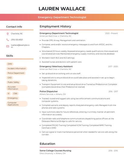 Emergency Department Technologist Resume