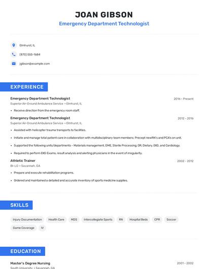 Emergency Department Technologist Resume