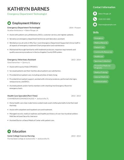 Emergency Department Technologist Resume
