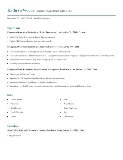 Emergency Department Technologist Resume