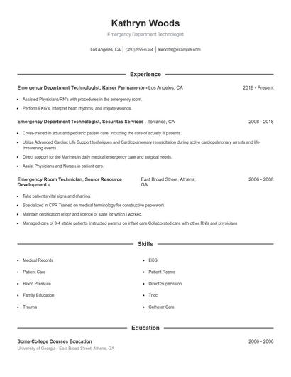Emergency Department Technologist Resume