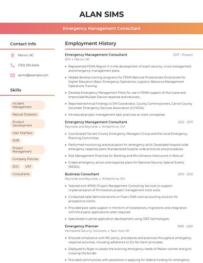 Emergency Management Consultant Resume