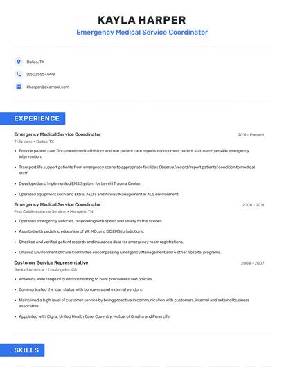 Emergency Medical Service Coordinator Resume