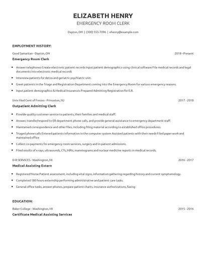 Emergency Room Clerk Resume