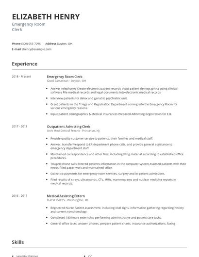 Emergency Room Clerk Resume