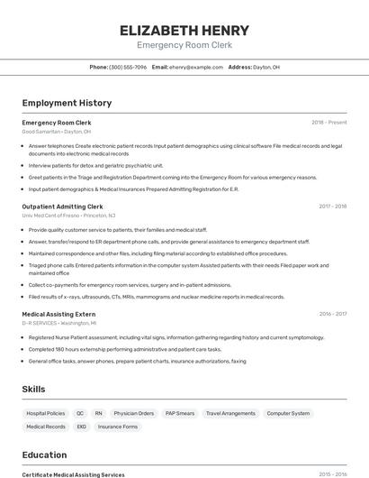 Emergency Room Clerk Resume