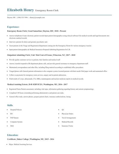 Emergency Room Clerk Resume