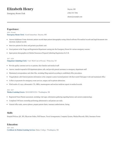 Emergency Room Clerk Resume