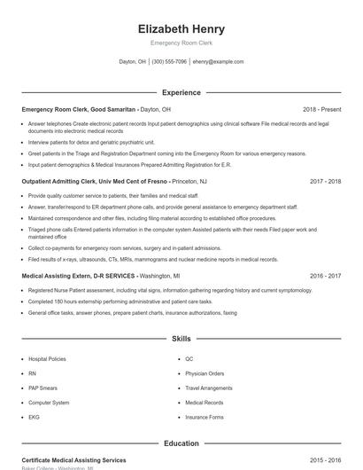 Emergency Room Clerk Resume
