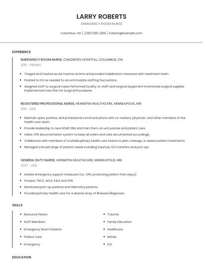Emergency Room Nurse Resume