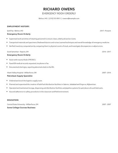 Emergency Room Orderly Resume