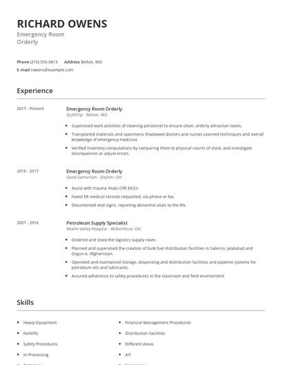 Emergency Room Orderly Resume