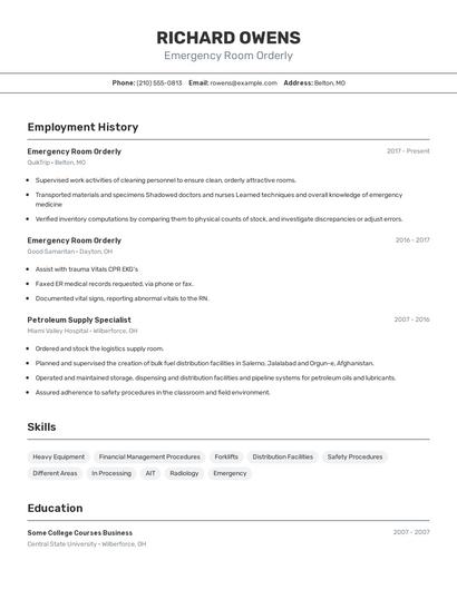 Emergency Room Orderly Resume