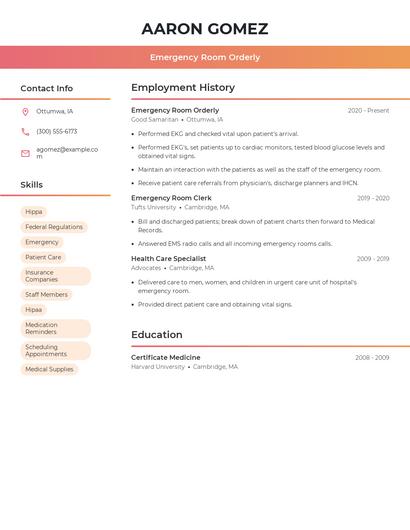 Emergency Room Orderly Resume