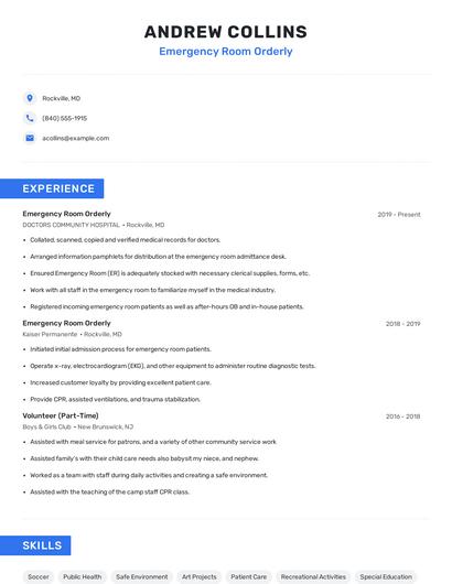 Emergency Room Orderly Resume