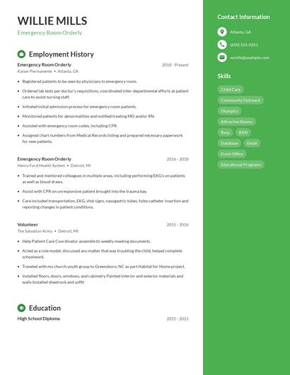 Emergency Room Orderly Resume