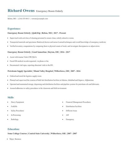 Emergency Room Orderly Resume
