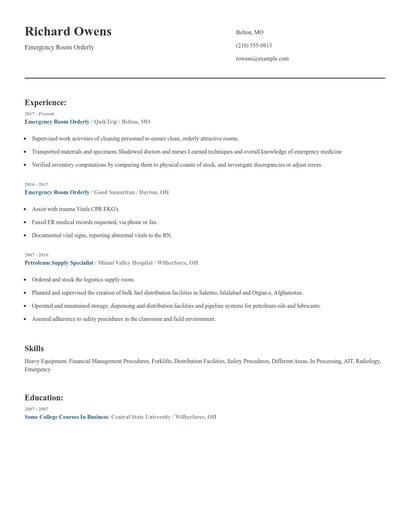 Emergency Room Orderly Resume