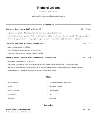Emergency Room Orderly Resume