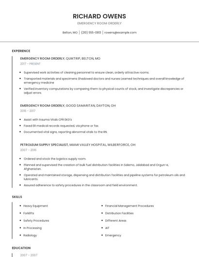 Emergency Room Orderly Resume